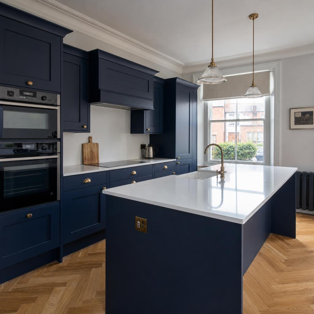 Modern navy shaker kitchen with brass taps and quartz island in a Belfast Victorian home