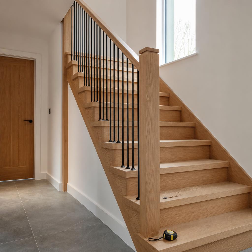Bespoke oak staircase with black steel spindles in a Holywood new-build hallway
