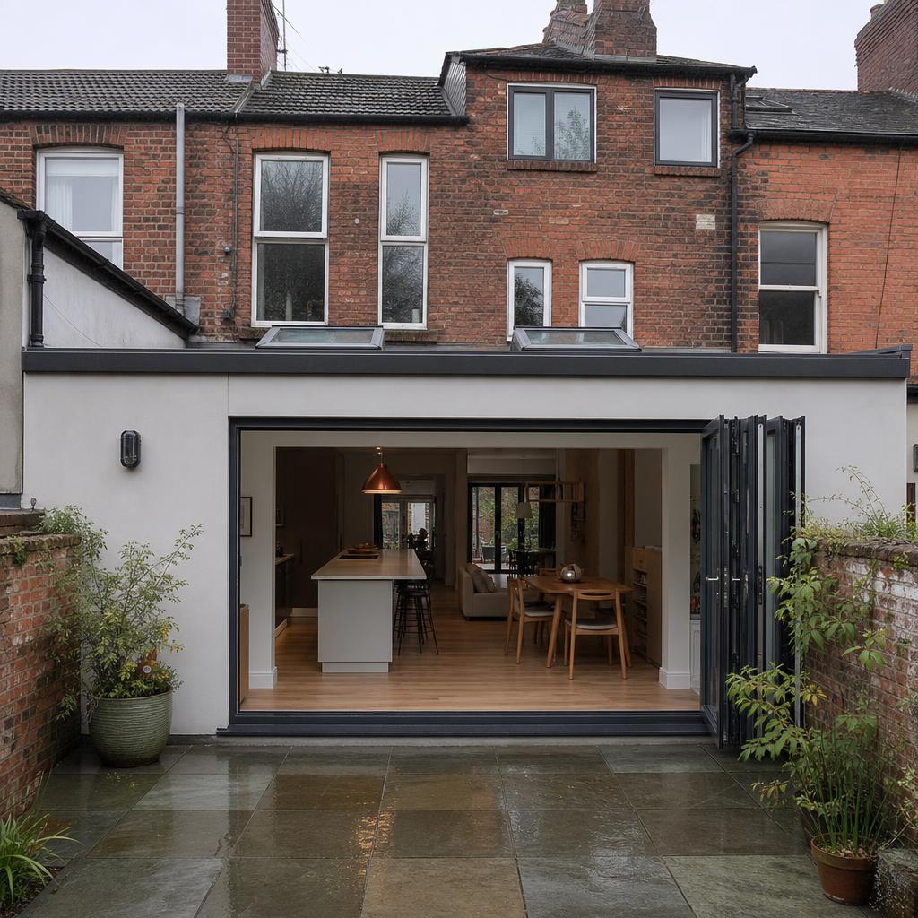 Finished open-plan rear extension with bifold doors and skylights in a Belfast terrace