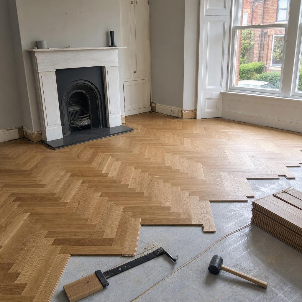 Engineered oak herringbone floor part-installed in a Belfast period living room