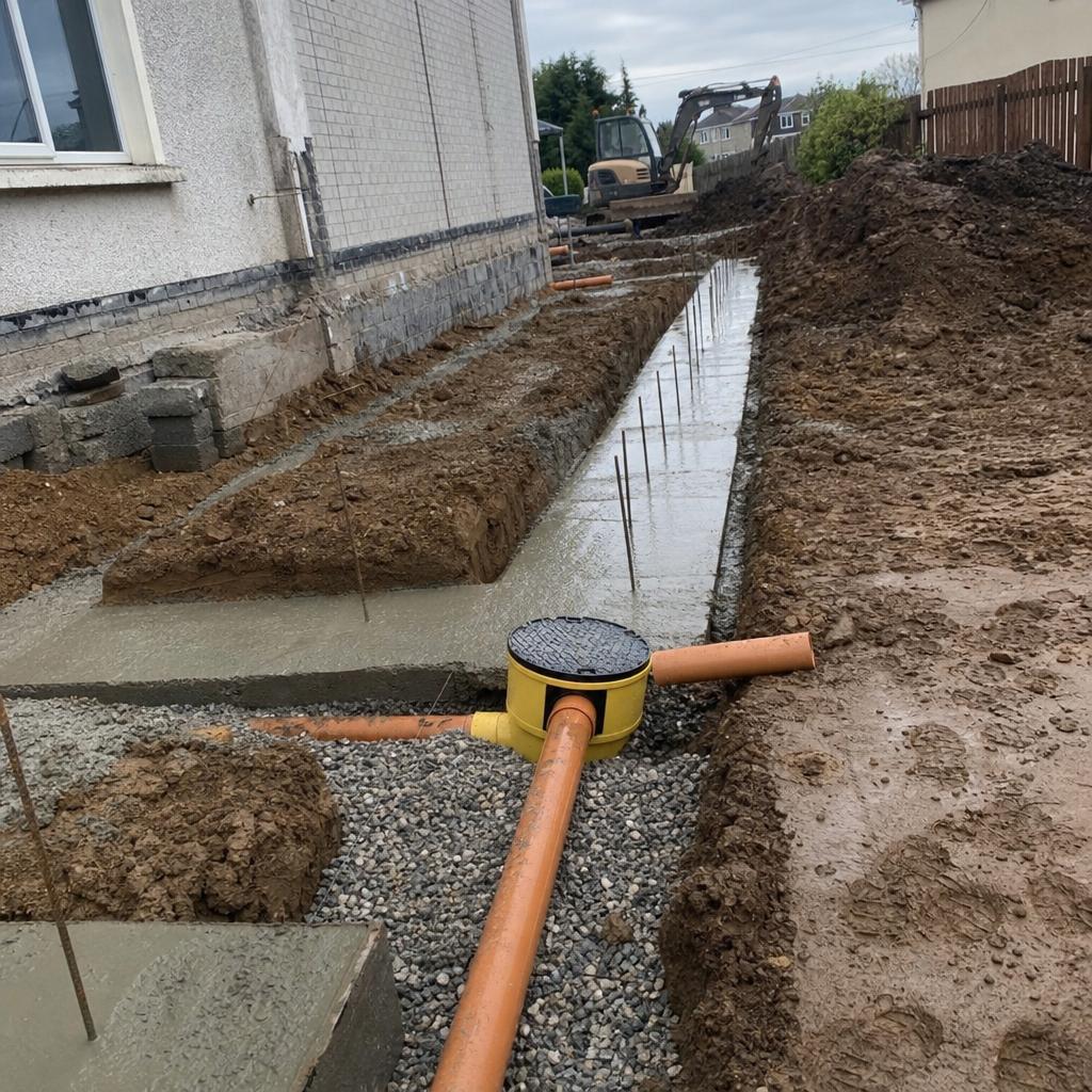 Strip foundations with steel rebar and drainage pipes laid for a Belfast side extension