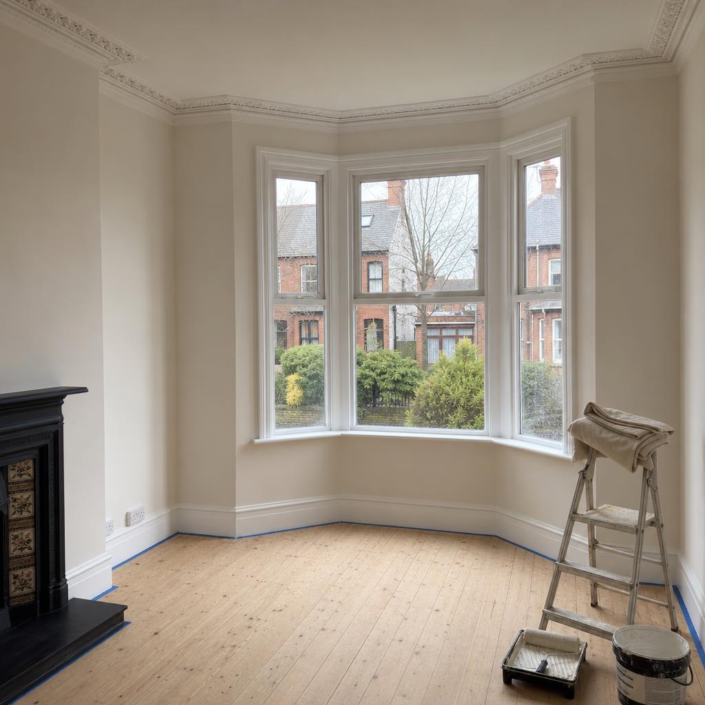 Painter in white overalls rolling fresh paint onto a bay window wall in a Belfast terrace