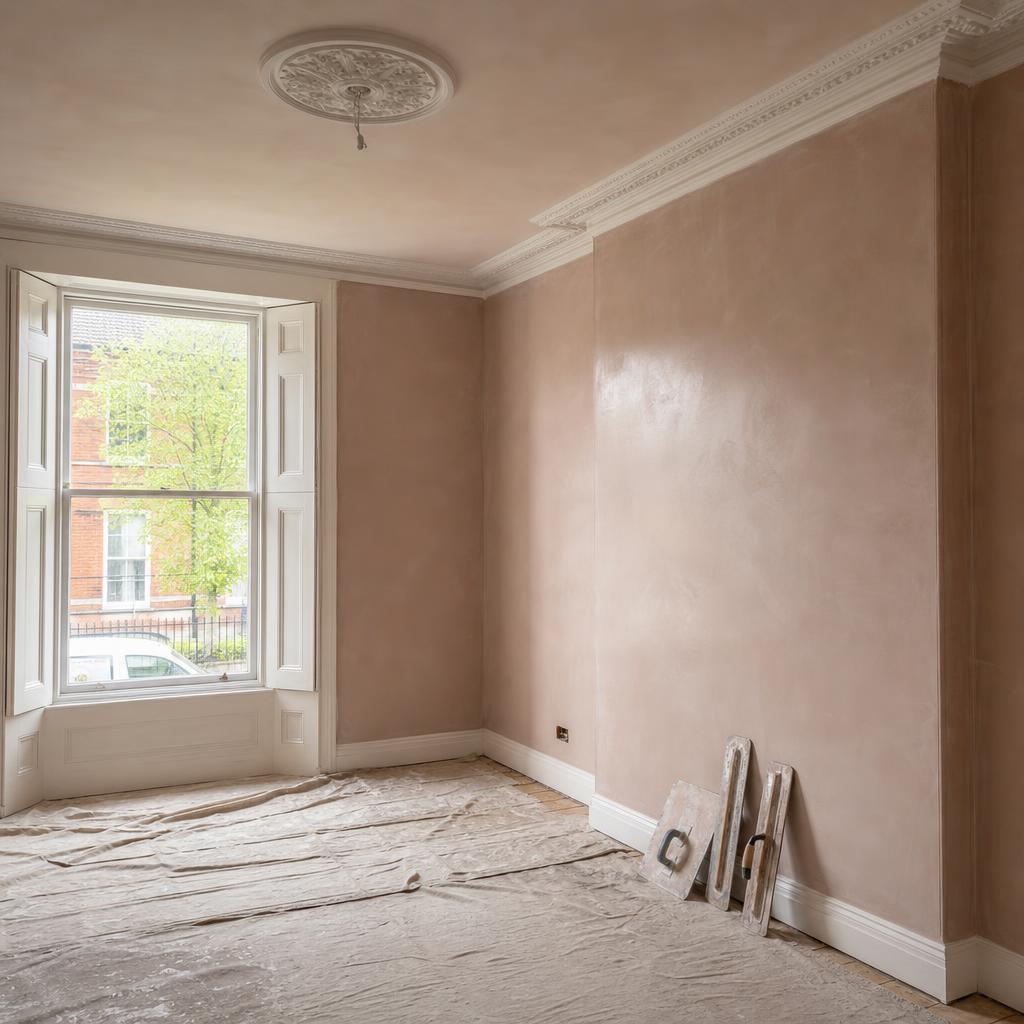 Freshly skimmed plaster walls in a Belfast Victorian living room with original cornice