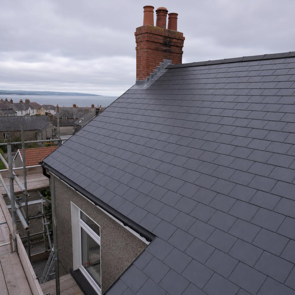 New natural Welsh slate roof with lead flashings around a brick chimney in Bangor